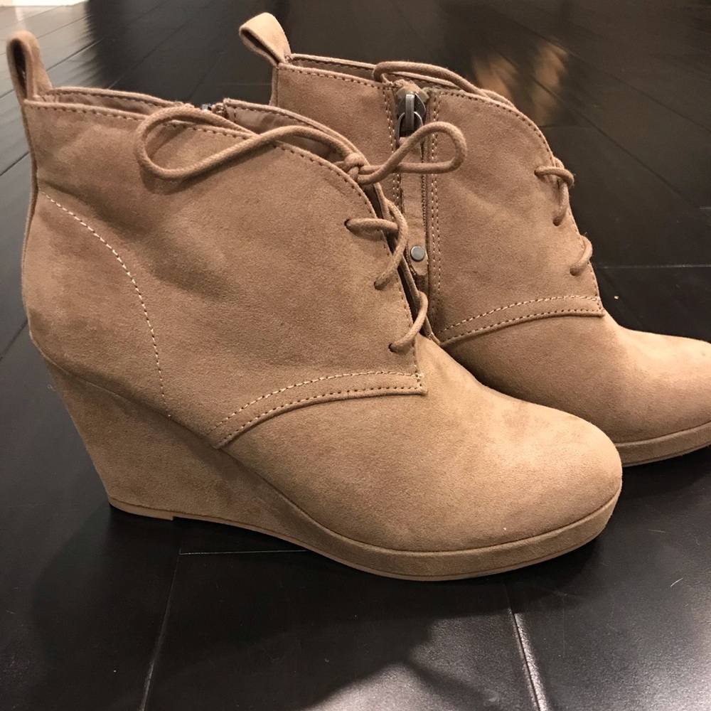 Tan faux suede wedge boots